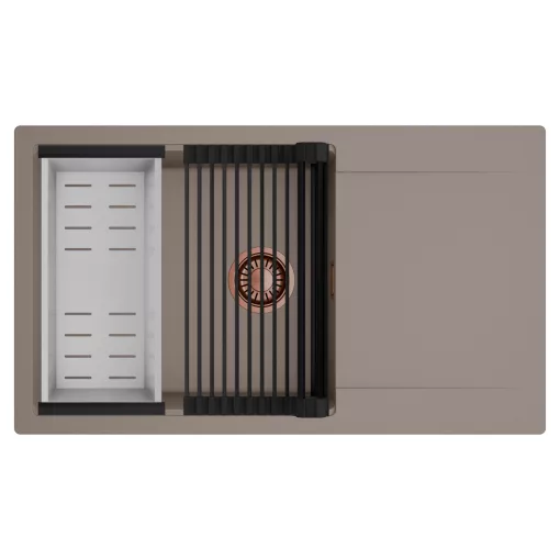 HD Onyx Tortora 86-XL egymedencés mosogatótálca szett, matt fekete csepegtetőráccsal és krómozott kosárral, csepegtetőtálcával, tortora színben, szálcsiszolt réz leeresztő szifonnal