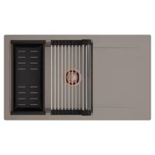 HD Onyx Tortora 86-XL egymedencés mosogatótálca szett, acél csepegtetőráccsal és matt fekete kosárral, csepegtetőtálcával, tortora színben, szálcsiszolt réz leeresztő szifonnal