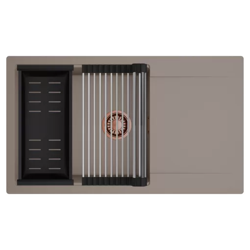 HD Onyx Tortora 86-XL egymedencés mosogatótálca szett, acél csepegtetőráccsal és matt fekete kosárral, csepegtetőtálcával, tortora színben, szálcsiszolt réz leeresztő szifonnal