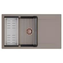 HD Onyx Tortora 86-XL egymedencés mosogatótálca szett, acél csepegtetőráccsal és kosárral, csepegtetőtálcával, tortora színben, szálcsiszolt réz leeresztő szifonnal