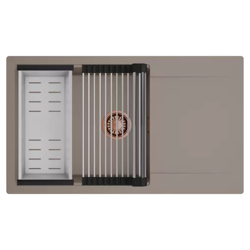 HD Onyx Tortora 86-XL egymedencés mosogatótálca szett, acél csepegtetőráccsal és kosárral, csepegtetőtálcával, tortora színben, szálcsiszolt réz leeresztő szifonnal