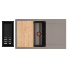 HD Onyx Tortora 86-XL egymedencés gránit mosogatótálca szett, csepegtetőtálcával, vágódeszkával, matt fekete csepegtetőráccsal és kosárral, tortora színben, szálcsiszolt réz leeresztő szifonnal