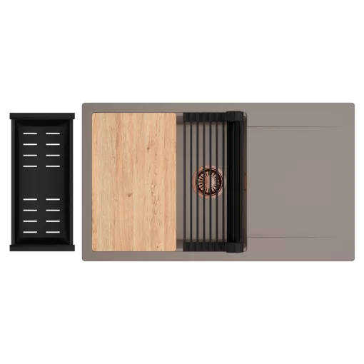 HD Onyx Tortora 86-XL egymedencés gránit mosogatótálca szett, csepegtetőtálcával, vágódeszkával, matt fekete csepegtetőráccsal és kosárral, tortora színben, szálcsiszolt réz leeresztő szifonnal