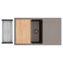 HD Onyx Tortora 86-XL egymedencés gránit mosogatótálca szett, csepegtetőtálcával, vágódeszkával, matt fekete csepegtetőráccsal és krómozott kosárral, tortora színben, szálcsiszolt réz leeresztő szifonnal