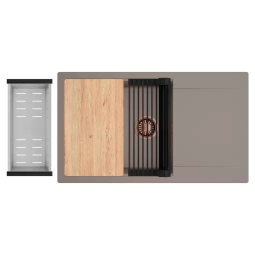 HD Onyx Tortora 86-XL egymedencés gránit mosogatótálca szett, csepegtetőtálcával, vágódeszkával, matt fekete csepegtetőráccsal és krómozott kosárral, tortora színben, szálcsiszolt réz leeresztő szifonnal