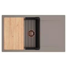 HD Onyx Tortora 86-XL egymedencés gránit mosogatótálca szett, csepegtetőtálcával, vágódeszkával, matt fekete csepegtetőráccsal, tortora színben, szálcsiszolt réz leeresztő szifonnal