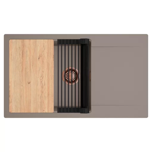 HD Onyx Tortora 86-XL egymedencés gránit mosogatótálca szett, csepegtetőtálcával, vágódeszkával, matt fekete csepegtetőráccsal, tortora színben, szálcsiszolt réz leeresztő szifonnal