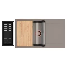 HD Onyx Tortora 86-XL egymedencés gránit mosogatótálca szett, csepegtetőtálcával, vágódeszkával, acél csepegtetőráccsal és matt fekete kosárral, tortora színben, szálcsiszolt réz leeresztő szifonnal