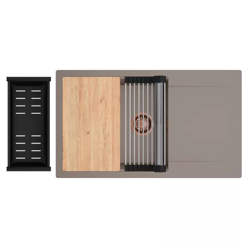 HD Onyx Tortora 86-XL egymedencés gránit mosogatótálca szett, csepegtetőtálcával, vágódeszkával, acél csepegtetőráccsal és matt fekete kosárral, tortora színben, szálcsiszolt réz leeresztő szifonnal