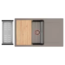 HD Onyx Tortora 86-XL egymedencés gránit mosogatótálca szett, csepegtetőtálcával, vágódeszkával, acél csepegtetőráccsal és kosárral, tortora színben, szálcsiszolt réz leeresztő szifonnal