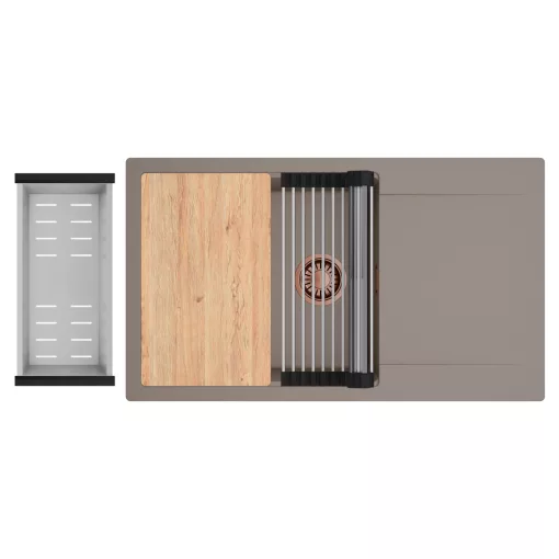 HD Onyx Tortora 86-XL egymedencés gránit mosogatótálca szett, csepegtetőtálcával, vágódeszkával, acél csepegtetőráccsal és kosárral, tortora színben, szálcsiszolt réz leeresztő szifonnal