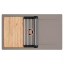 HD Onyx Tortora 86-XL egymedencés gránit mosogatótálca szett, csepegtetőtálcával, vágódeszkával, acél csepegtetőráccsal, tortora színben, szálcsiszolt réz leeresztő szifonnal