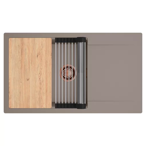 HD Onyx Tortora 86-XL egymedencés gránit mosogatótálca szett, csepegtetőtálcával, vágódeszkával, acél csepegtetőráccsal, tortora színben, szálcsiszolt réz leeresztő szifonnal