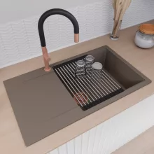 HD Onyx Tortora 86-XL egymedencés gránit mosogatótálca szett, csepegtetőtálcával, vágódeszkával, acél csepegtetőráccsal, tortora színben, szálcsiszolt réz leeresztő szifonnal
