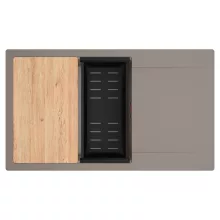 HD Onyx Tortora 86-XL egymedencés gránit mosogatótálca szett, csepegtetőtálcával, vágódeszkával, matt fekete csepegtetőkosárral, tortora színben, szálcsiszolt réz leeresztő szifonnal