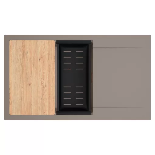 HD Onyx Tortora 86-XL egymedencés gránit mosogatótálca szett, csepegtetőtálcával, vágódeszkával, matt fekete csepegtetőkosárral, tortora színben, szálcsiszolt réz leeresztő szifonnal