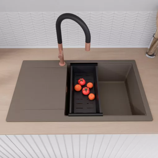 HD Onyx Tortora 86-XL egymedencés gránit mosogatótálca szett, csepegtetőtálcával, vágódeszkával, matt fekete csepegtetőkosárral, tortora színben, szálcsiszolt réz leeresztő szifonnal