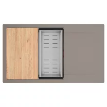 HD Onyx Tortora 86-XL egymedencés gránit mosogatótálca szett, csepegtetőtálcával, vágódeszkával, acél csepegtetőkosárral, tortora színben, szálcsiszolt réz leeresztő szifonnal