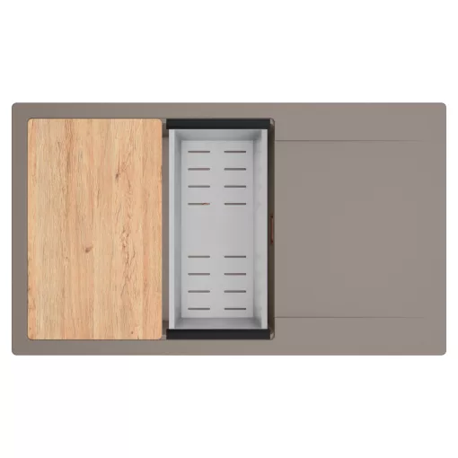 HD Onyx Tortora 86-XL egymedencés gránit mosogatótálca szett, csepegtetőtálcával, vágódeszkával, acél csepegtetőkosárral, tortora színben, szálcsiszolt réz leeresztő szifonnal