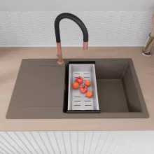 HD Onyx Tortora 86-XL egymedencés gránit mosogatótálca szett, csepegtetőtálcával, vágódeszkával, acél csepegtetőkosárral, tortora színben, szálcsiszolt réz leeresztő szifonnal