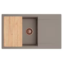 HD Onyx Tortora 86-XL egymedencés gránit mosogatótálca, vágódeszkával, tortora színben, szálcsiszolt réz leeresztő szifonnal