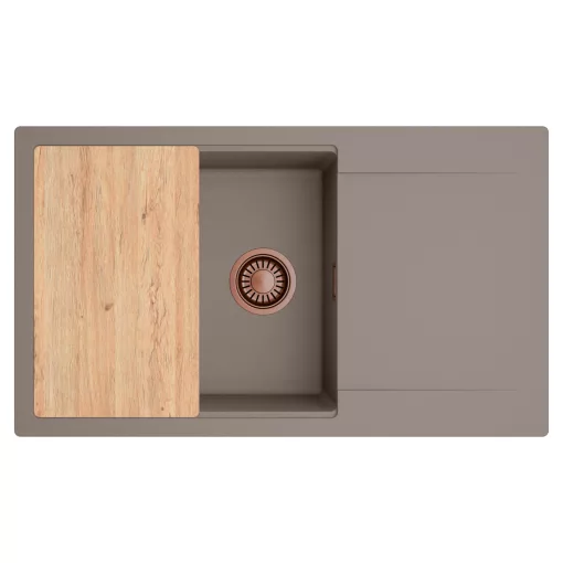 HD Onyx Tortora 86-XL egymedencés gránit mosogatótálca, vágódeszkával, tortora színben, szálcsiszolt réz leeresztő szifonnal