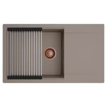 HD Onyx Tortora 86-XL egymedencés mosogatótálca szett, acél csepegtetőráccsal, csepegtetőtálcával, tortora színben, szálcsiszolt réz leeresztő szifonnal