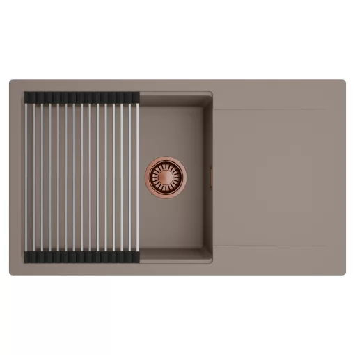 HD Onyx Tortora 86-XL egymedencés mosogatótálca szett, acél csepegtetőráccsal, csepegtetőtálcával, tortora színben, szálcsiszolt réz leeresztő szifonnal