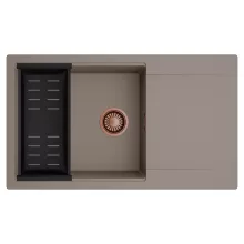 HD Onyx Tortora 86-XL egymedencés mosogatótálca szett, matt fekete csepegtetőkosárral, csepegtetőtálcával, tortora színben, szálcsiszolt réz leeresztő szifonnal