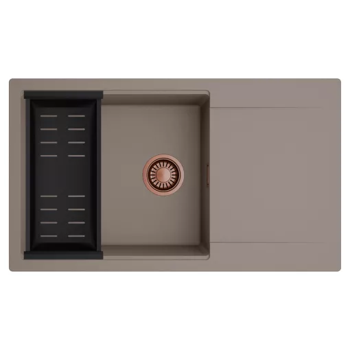 HD Onyx Tortora 86-XL egymedencés mosogatótálca szett, matt fekete csepegtetőkosárral, csepegtetőtálcával, tortora színben, szálcsiszolt réz leeresztő szifonnal