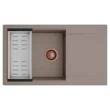 HD Onyx Tortora 86-XL egymedencés mosogatótálca szett, acél csepegtetőkosárral, csepegtetőtálcával, tortora színben, szálcsiszolt réz leeresztő szifonnal