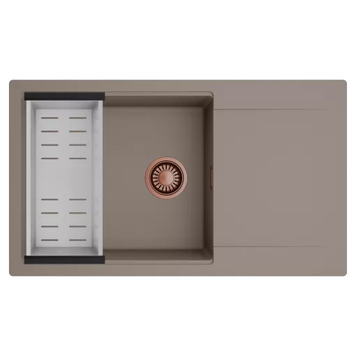 HD Onyx Tortora 86-XL egymedencés mosogatótálca szett, acél csepegtetőkosárral, csepegtetőtálcával, tortora színben, szálcsiszolt réz leeresztő szifonnal