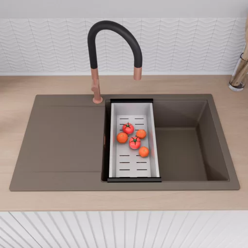 HD Onyx Tortora 86-XL egymedencés mosogatótálca szett, acél csepegtetőkosárral, csepegtetőtálcával, tortora színben, szálcsiszolt réz leeresztő szifonnal