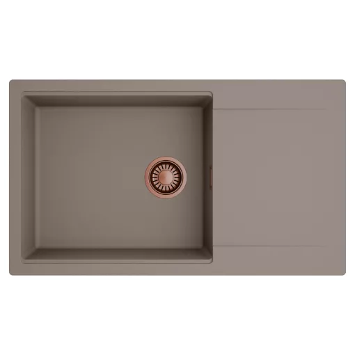 HD Onyx Tortora 86-XL egymedencés mosogatótálca, csepegtetőtálcával, tortora színben, szálcsiszolt réz leeresztő szifonnal
