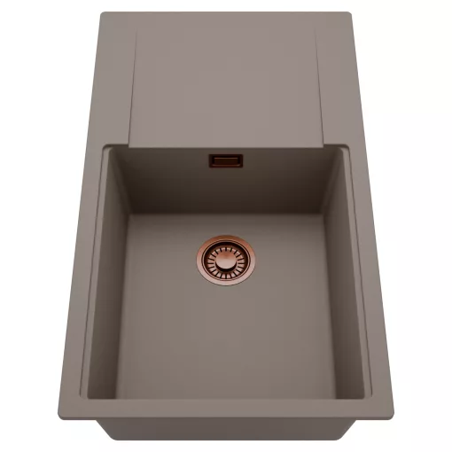 HD Onyx Tortora 86-XL egymedencés mosogatótálca, csepegtetőtálcával, tortora színben, szálcsiszolt réz leeresztő szifonnal