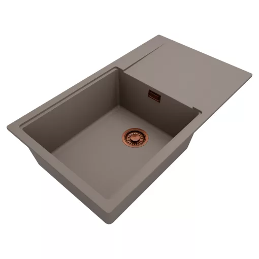 HD Onyx Tortora 86-XL egymedencés mosogatótálca, csepegtetőtálcával, tortora színben, szálcsiszolt réz leeresztő szifonnal