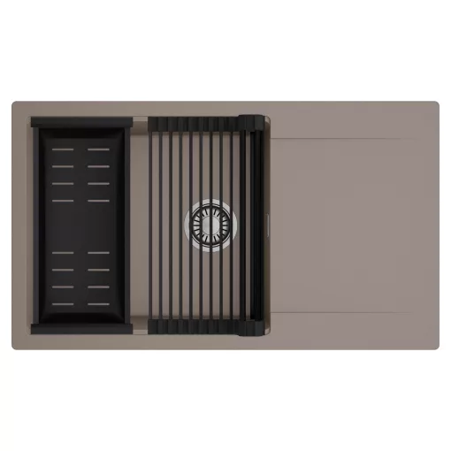 HD Onyx Tortora 86-XL egymedencés mosogatótálca szett, matt fekete csepegtetőráccsal és kosárral, csepegtetőtálcával, tortora színben