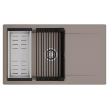 HD Onyx Tortora 86-XL egymedencés mosogatótálca szett, matt fekete csepegtetőráccsal és krómozott kosárral, csepegtetőtálcával, tortora színben