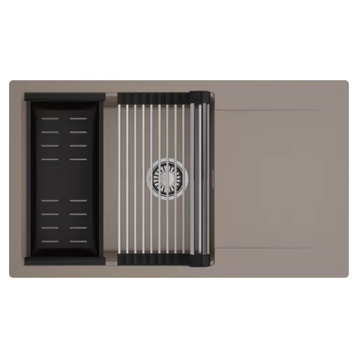 HD Onyx Tortora 86-XL egymedencés mosogatótálca szett, acél csepegtetőráccsal és matt fekete kosárral, csepegtetőtálcával, tortora színben