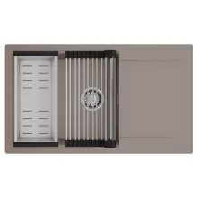 HD Onyx Tortora 86-XL egymedencés mosogatótálca szett, acél csepegtetőráccsal és kosárral, csepegtetőtálcával, tortora színben