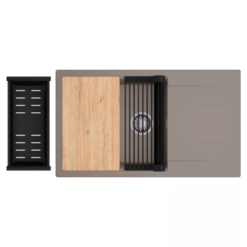HD Onyx Tortora 86-XL egymedencés gránit mosogatótálca szett, csepegtetőtálcával, vágódeszkával, matt fekete csepegtetőráccsal és kosárral, tortora színben