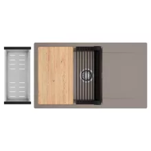 HD Onyx Tortora 86-XL egymedencés gránit mosogatótálca szett, csepegtetőtálcával, vágódeszkával, matt fekete csepegtetőráccsal és krómozott kosárral, tortora színben