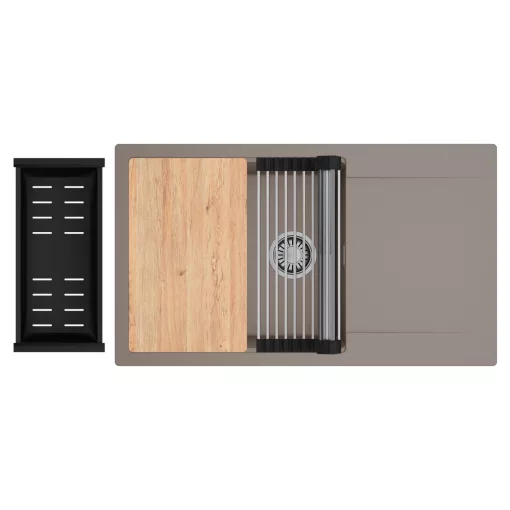 HD Onyx Tortora 86-XL egymedencés gránit mosogatótálca szett, csepegtetőtálcával, vágódeszkával, acél csepegtetőráccsal és matt fekete kosárral, tortora színben