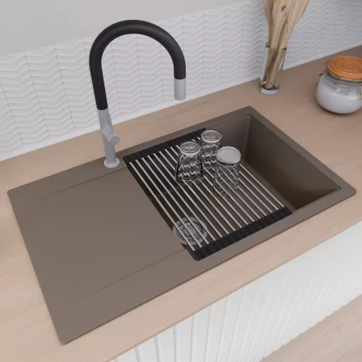 HD Onyx Tortora 86-XL egymedencés gránit mosogatótálca szett, csepegtetőtálcával, vágódeszkával, acél csepegtetőráccsal és matt fekete kosárral, tortora színben