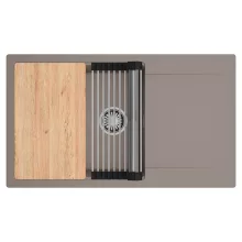 HD Onyx Tortora 86-XL egymedencés gránit mosogatótálca szett, csepegtetőtálcával, vágódeszkával, acél csepegtetőráccsal, tortora színben