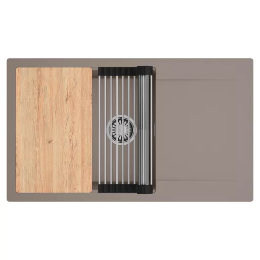 HD Onyx Tortora 86-XL egymedencés gránit mosogatótálca szett, csepegtetőtálcával, vágódeszkával, acél csepegtetőráccsal, tortora színben