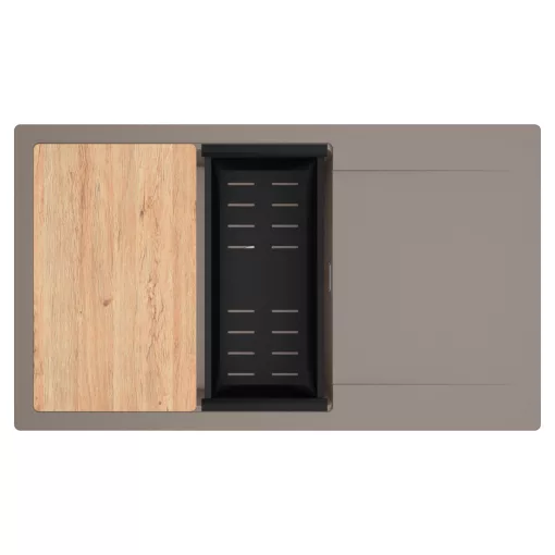 HD Onyx Tortora 86-XL egymedencés gránit mosogatótálca szett, csepegtetőtálcával, vágódeszkával, matt fekete csepegtetőkosárral, tortora színben