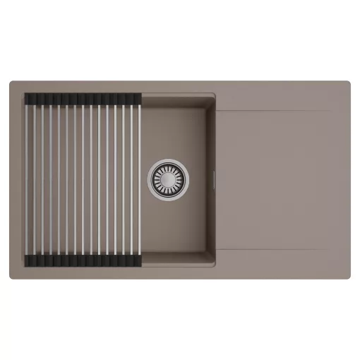 HD Onyx Tortora 86-XL egymedencés mosogatótálca szett, acél csepegtetőráccsal, csepegtetőtálcával, tortora színben