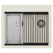 HD Aspen White 58 kétmedencés gránit mosogatótálca szett, matt fekete csepegtetőráccsal és krómozott kosárral, tört fehér színben, szálcsiszolt króm leeresztő szifonnal