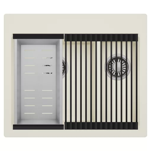 HD Aspen White 58 kétmedencés gránit mosogatótálca szett, matt fekete csepegtetőráccsal és krómozott kosárral, tört fehér színben, szálcsiszolt króm leeresztő szifonnal